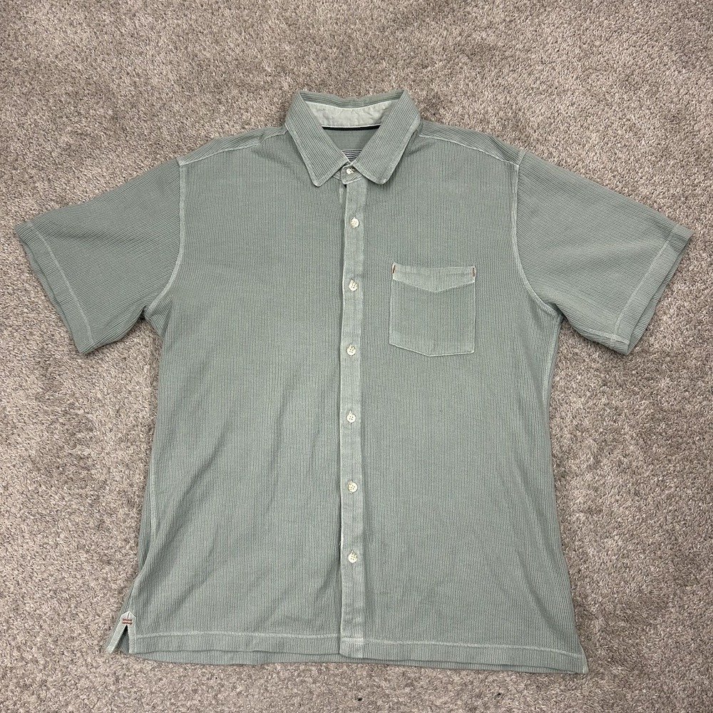 32 Bar Blues Button Up Shirt Mens Large Short Sleeve Cotton Knit Green Y2K - Picture 5 of 10